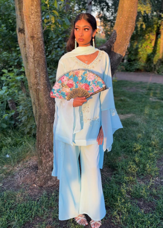 Sky Blue 90s Style Kurti Set for Women – Pakistani Co-Ord Outfit – Y2K Indian Party Wear