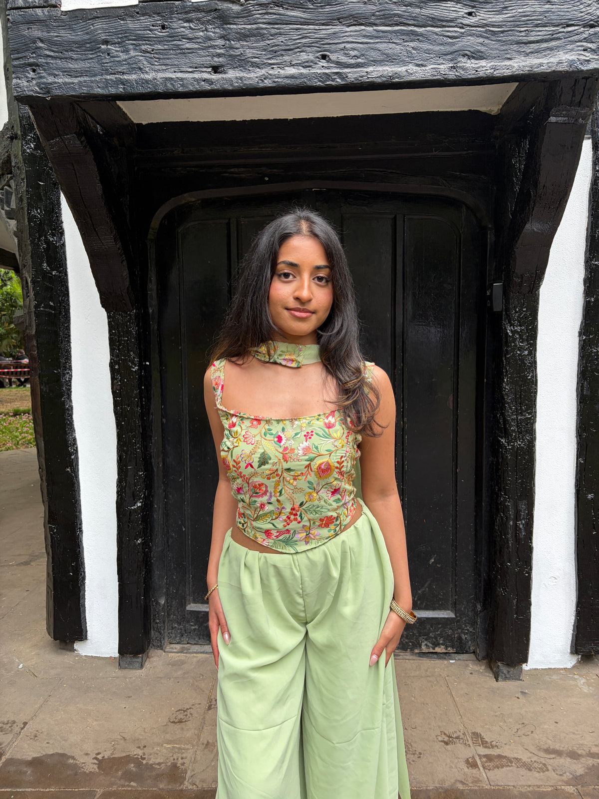 Women’s Mint Green Indo Western Palazzo Set – Floral Embroidered Pakistani Fusion Outfit for Mehndi & Party Wear