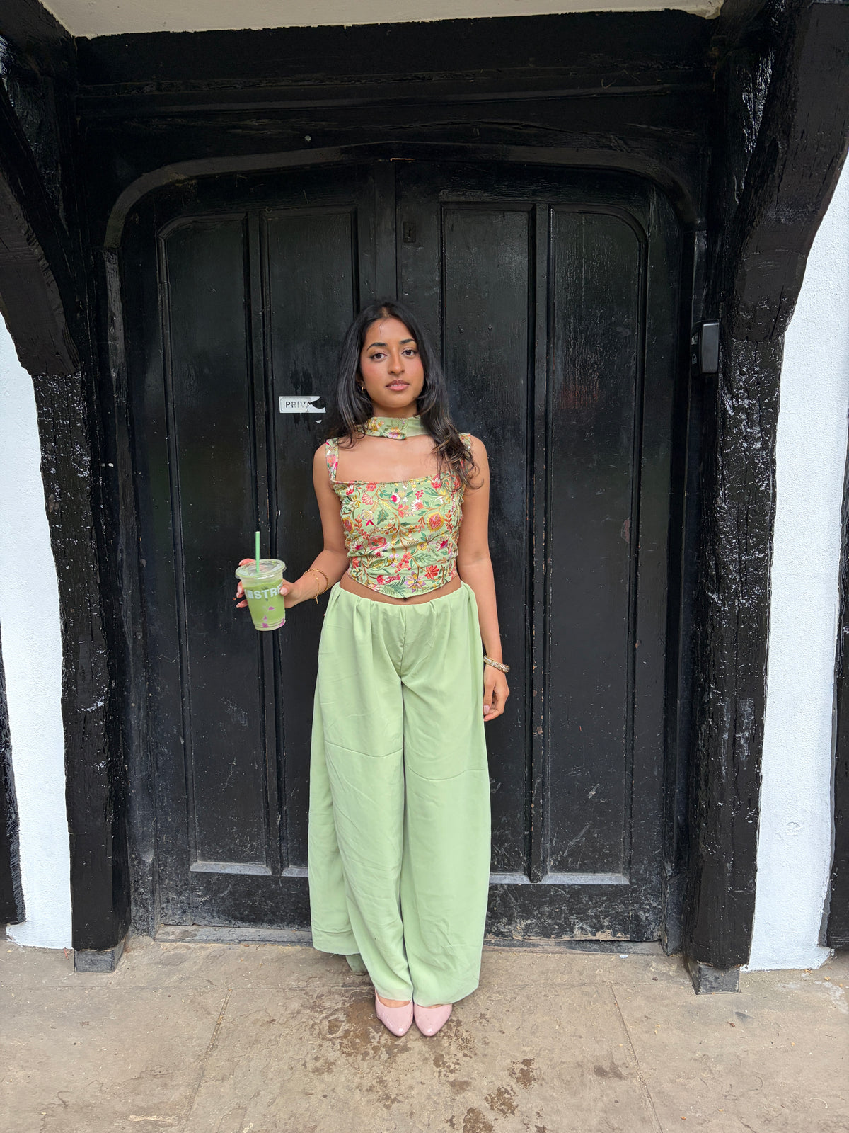 Women’s Mint Green Indo Western Palazzo Set – Floral Embroidered Pakistani Fusion Outfit for Mehndi & Party Wear