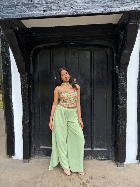 Women’s Mint Green Indo Western Palazzo Set – Floral Embroidered Pakistani Fusion Outfit for Mehndi & Party Wear