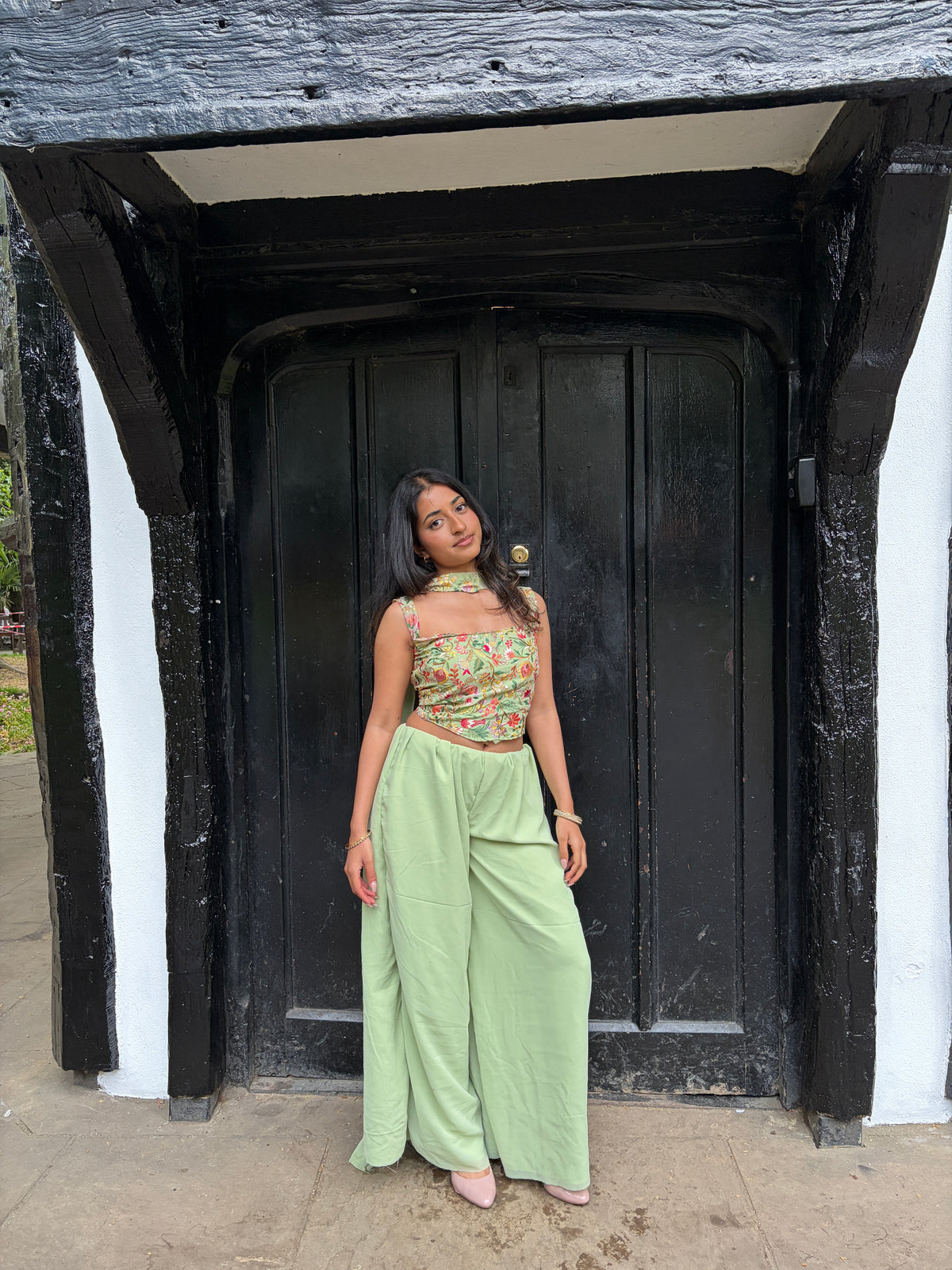 Women’s Mint Green Indo Western Palazzo Set – Floral Embroidered Pakistani Fusion Outfit for Mehndi & Party Wear