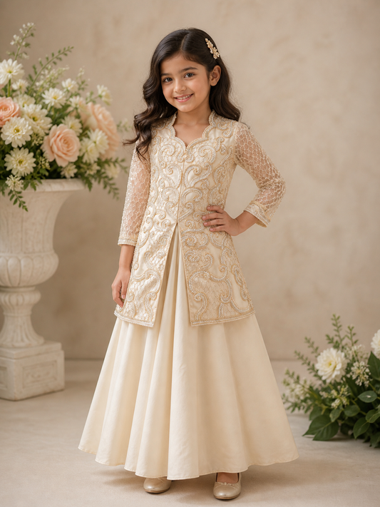 Girls Ivory Embroidered sharara – Luxury Kids Pakistani Wedding Outfit – Eid & Party Wear Dress