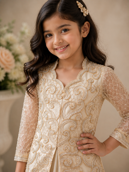 Girls Ivory Embroidered sharara – Luxury Kids Pakistani Wedding Outfit – Eid & Party Wear Dress