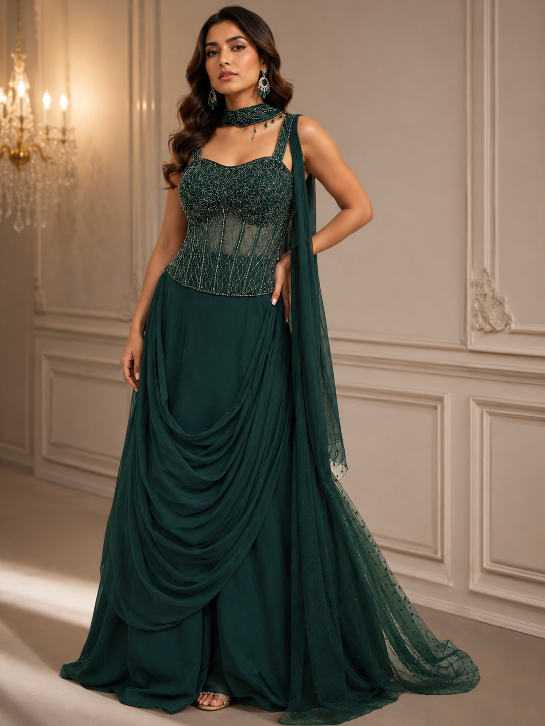 Dark Green drape corset fish cut lehenga