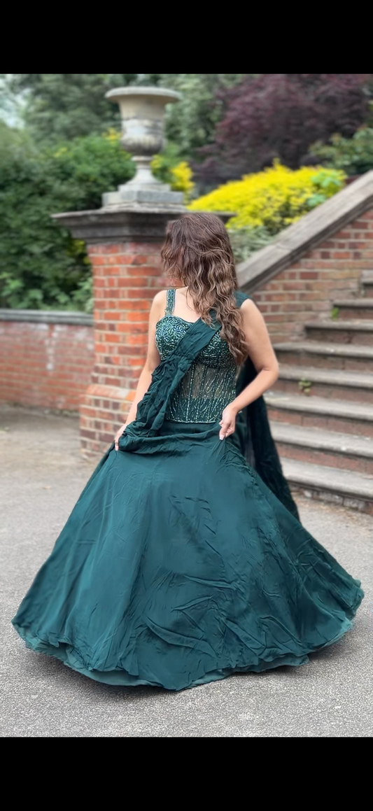 Dark Green drape corset fish cut lehenga