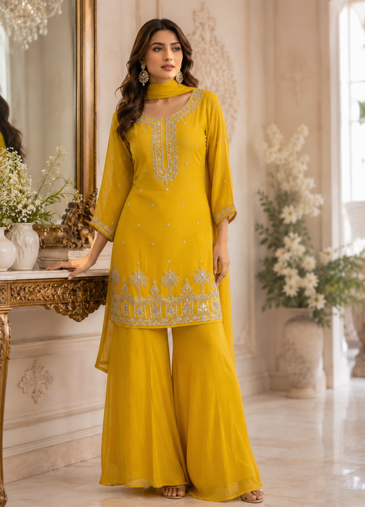 Yellow Handwork Sharara Suit for Women – Pure Beaded Pakistani Wedding Outfit – Indian Party Wear Kurti Set