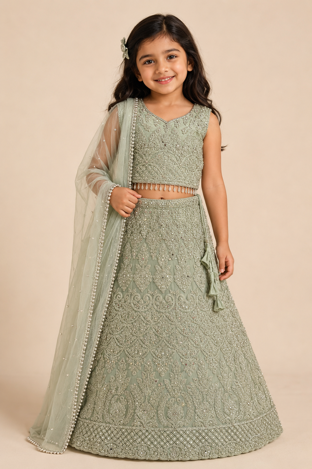 Girls Mint Green Lehenga Choli – Heavy Embroidered Kids Indian Wedding Outfit – Pakistani Eid Dress for Girls