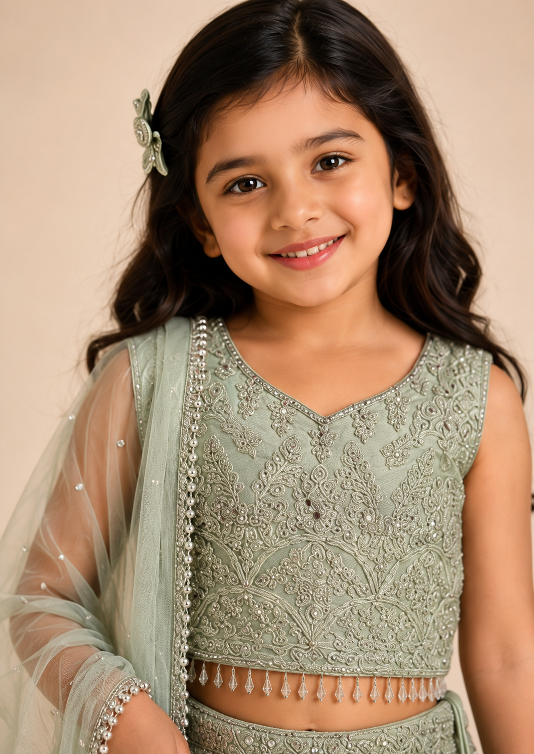Girls Mint Green Lehenga Choli – Heavy Embroidered Kids Indian Wedding Outfit – Pakistani Eid Dress for Girls