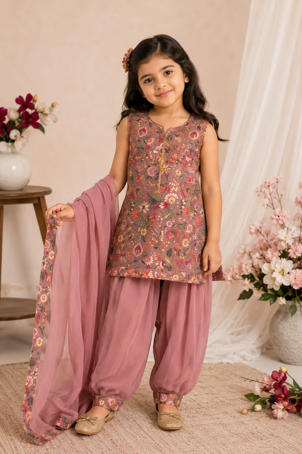 Girls dusty pink Floral Salwar Kameez – Kids Pakistani Eid Outfit – Embroidered Party Wear Suit af021