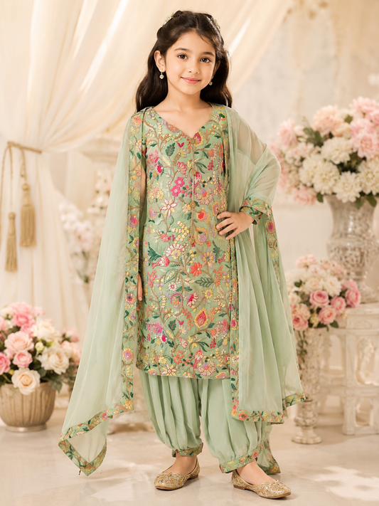 Girls Mint Green Floral Salwar Kameez – Kids Pakistani Eid Outfit – Embroidered Party Wear Suit af021
