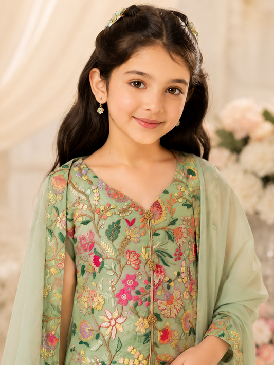 Girls Mint Green Floral Salwar Kameez – Kids Pakistani Eid Outfit – Embroidered Party Wear Suit af021