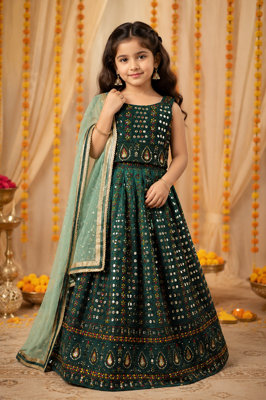 Strap multicolour bottle green lehenga for girls Indian wear