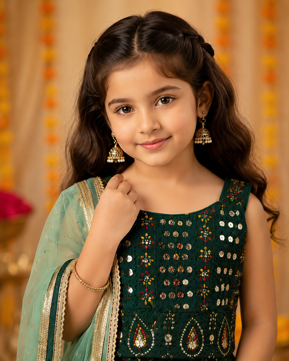Strap multicolour bottle green lehenga for girls Indian wear