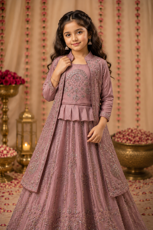 Jacket style lehenga for girls in lilac pink