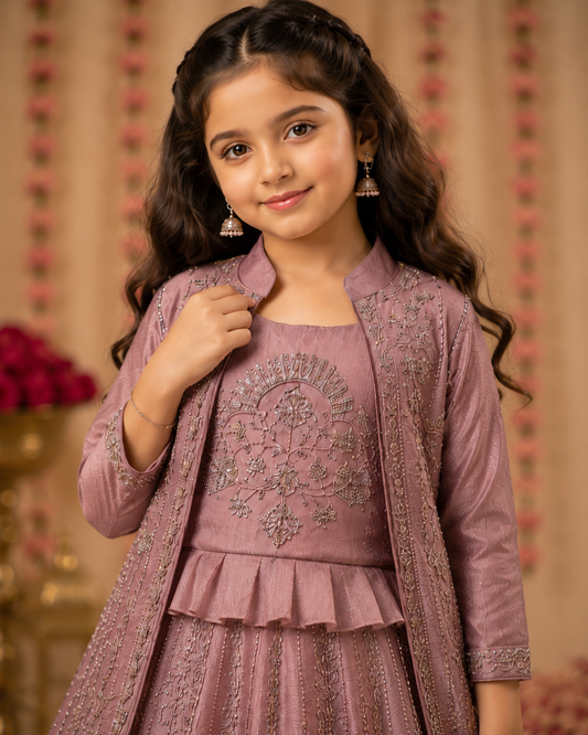 Jacket style lehenga for girls in lilac pink