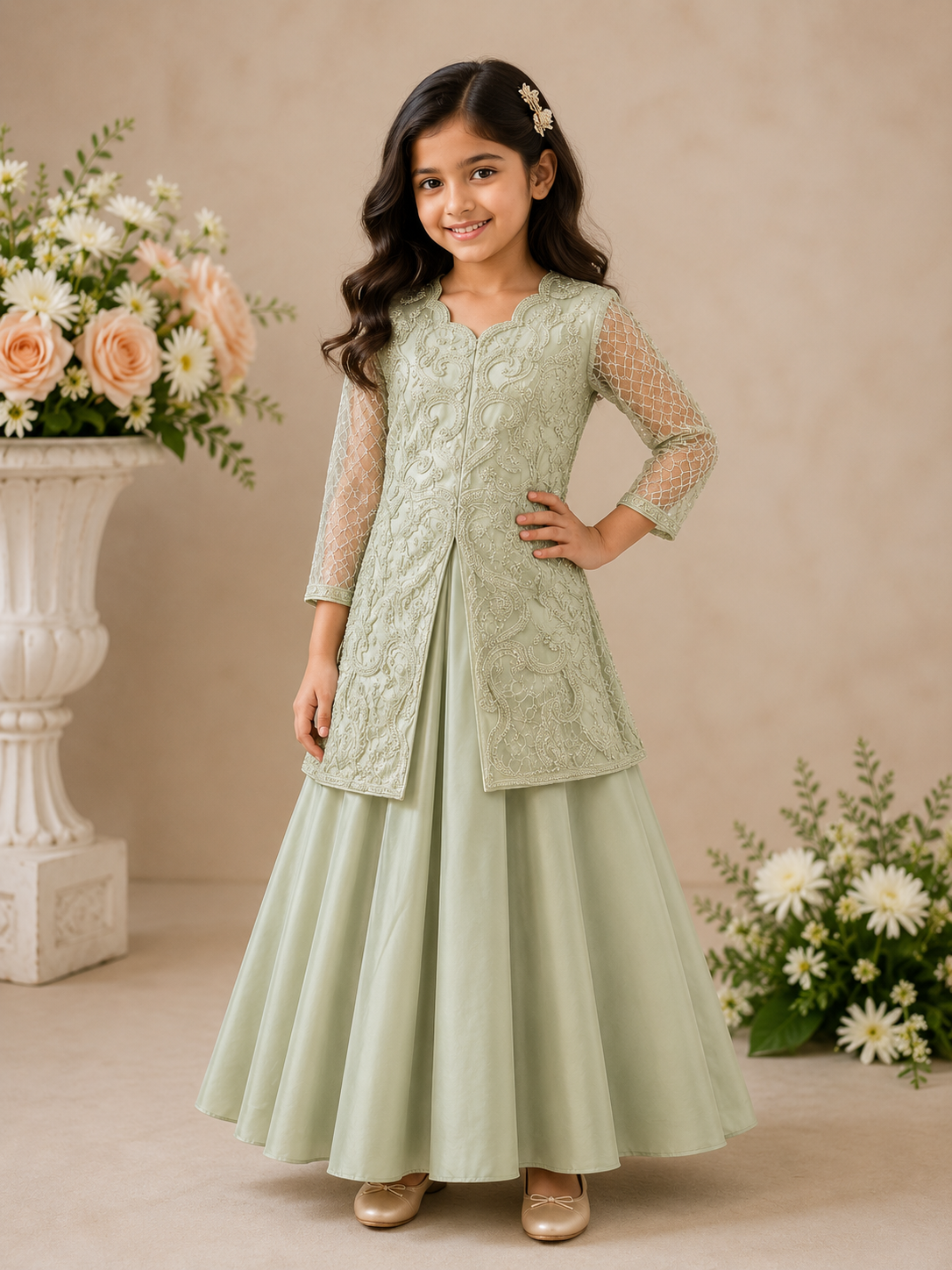 Girls mint green embroidered sharrara