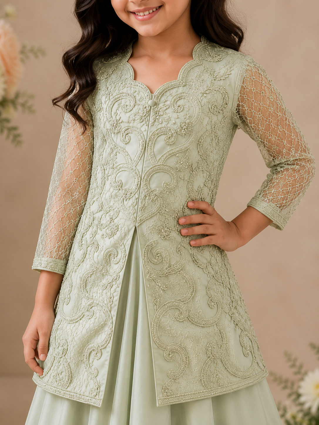 Girls mint green embroidered sharrara
