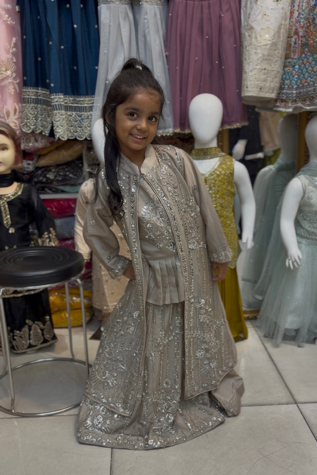 Girls Champagne Gold Lehenga Choli – Embroidered Jacket Style Kids Wedding Outfit – Pakistani Party Wear