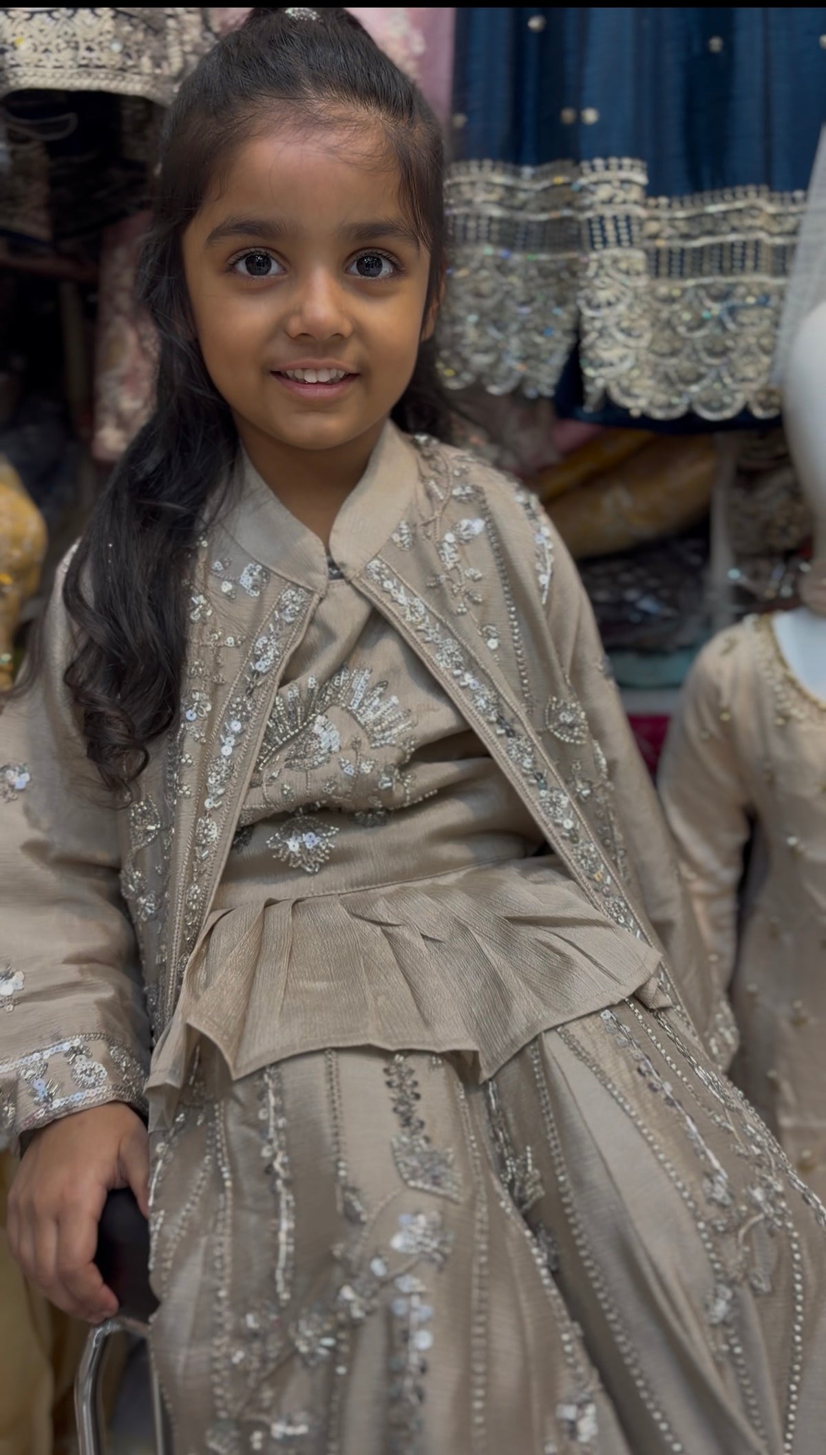 Girls Champagne Gold Lehenga Choli – Embroidered Jacket Style Kids Wedding Outfit – Pakistani Party Wear