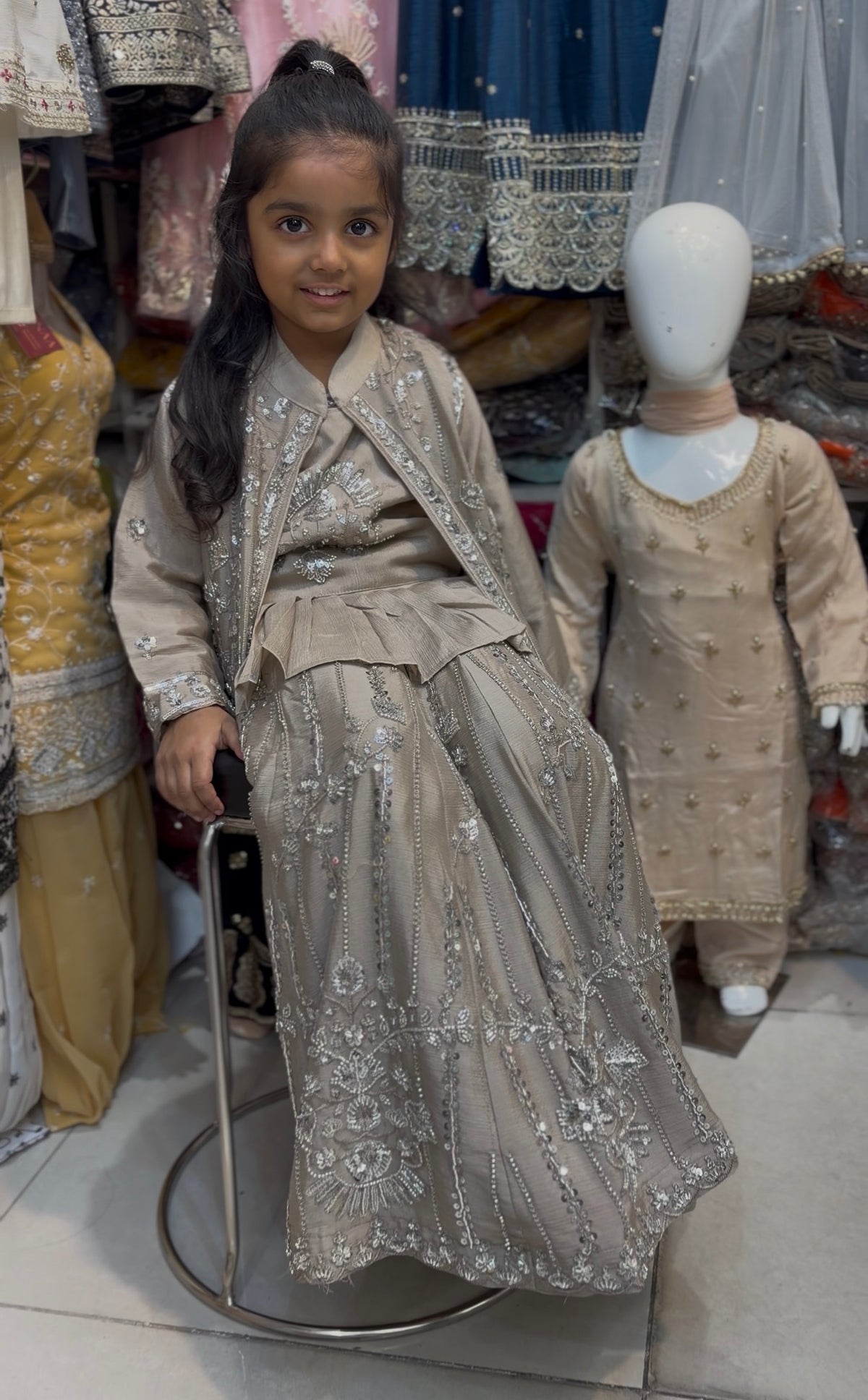 Girls Champagne Gold Lehenga Choli – Embroidered Jacket Style Kids Wedding Outfit – Pakistani Party Wear