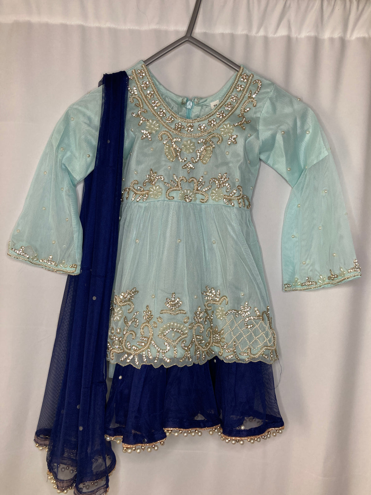 Girls Mint & Navy Blue Gharara Suit – Kids Pakistani Party Wear – Embroidered Eid Outfit for Girlskme019c1