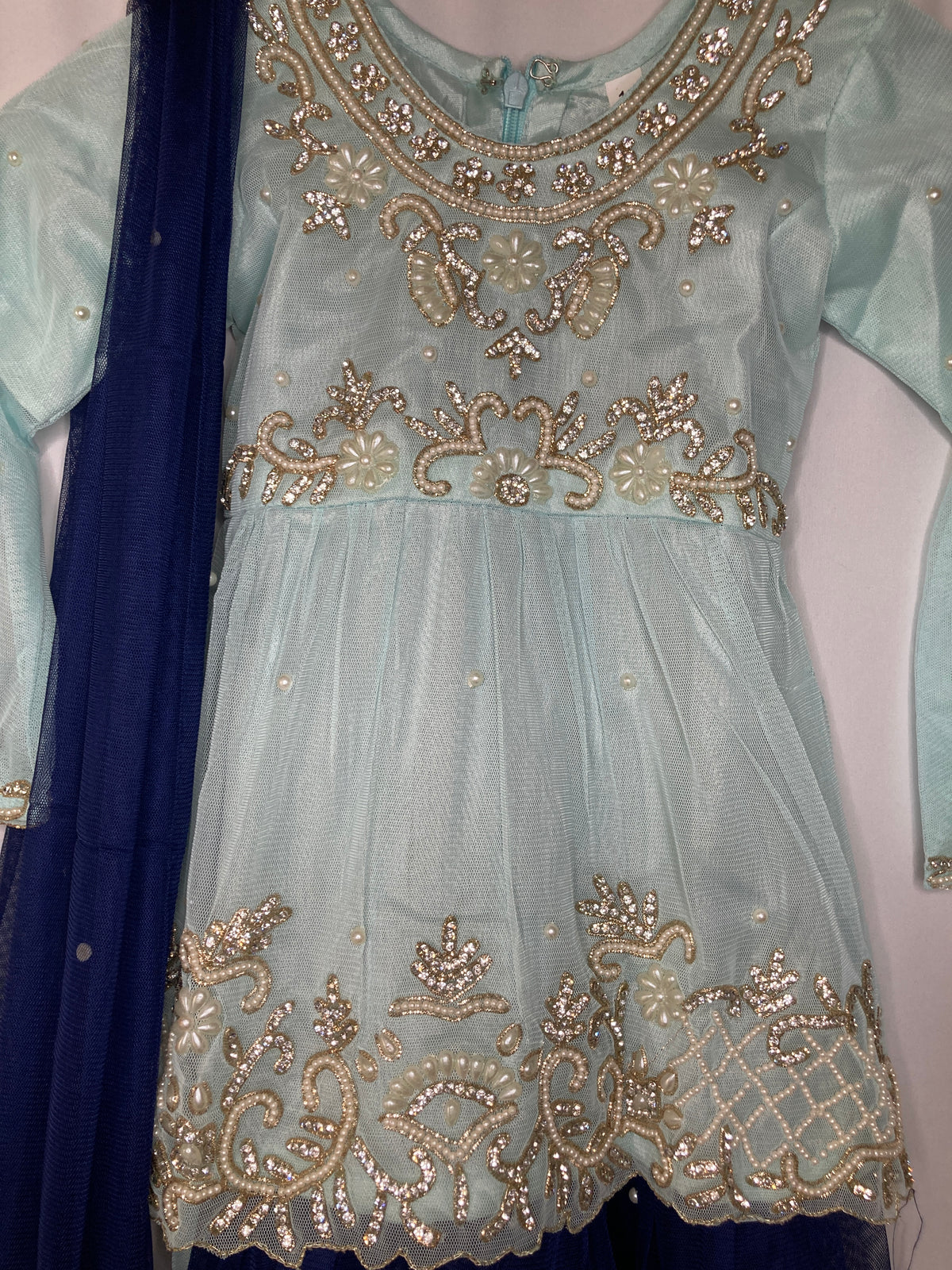 Girls Mint & Navy Blue Gharara Suit – Kids Pakistani Party Wear – Embroidered Eid Outfit for Girlskme019c1
