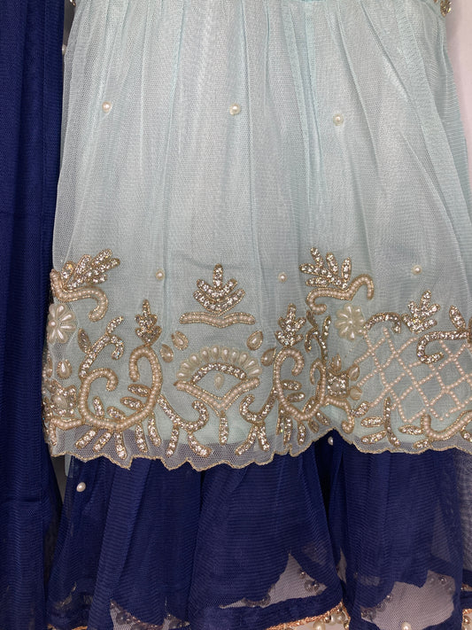 Girls Mint & Navy Blue Gharara Suit – Kids Pakistani Party Wear – Embroidered Eid Outfit for Girlskme019c1