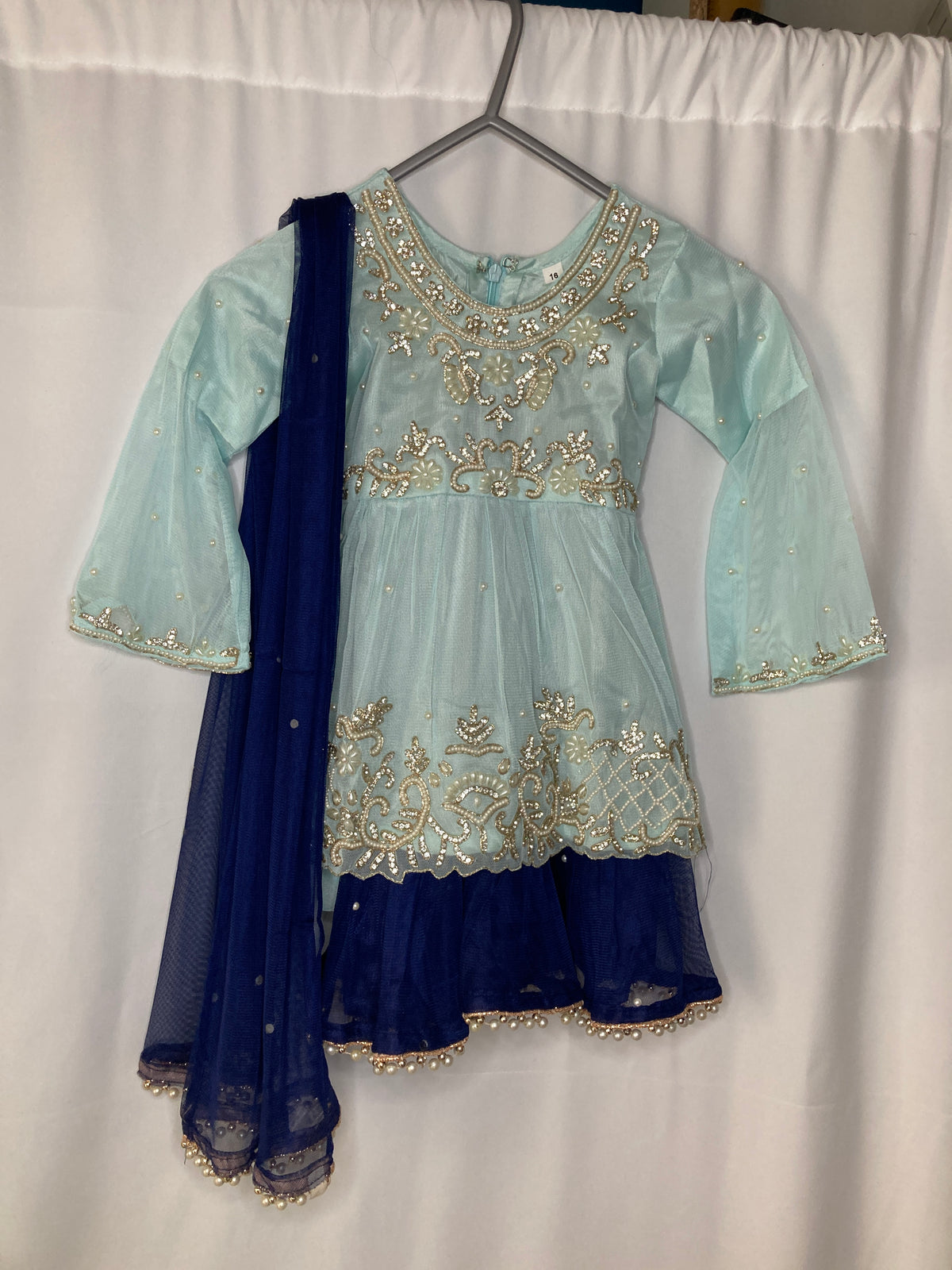 Girls Mint & Navy Blue Gharara Suit – Kids Pakistani Party Wear – Embroidered Eid Outfit for Girlskme019c1