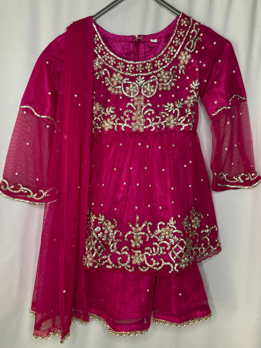 Girls hot pink Gharara Suit – Kids Pakistani Party Wear – Embroidered Eid Outfit for Girls kme019c0
