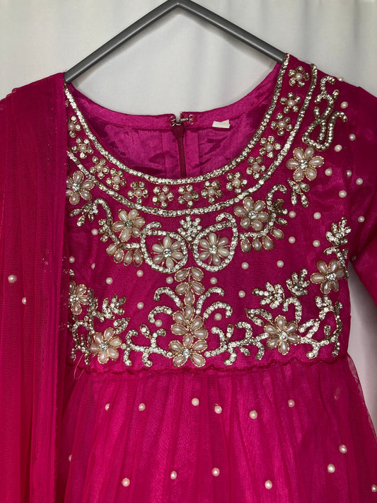 Girls hot pink Gharara Suit – Kids Pakistani Party Wear – Embroidered Eid Outfit for Girls kme019c0