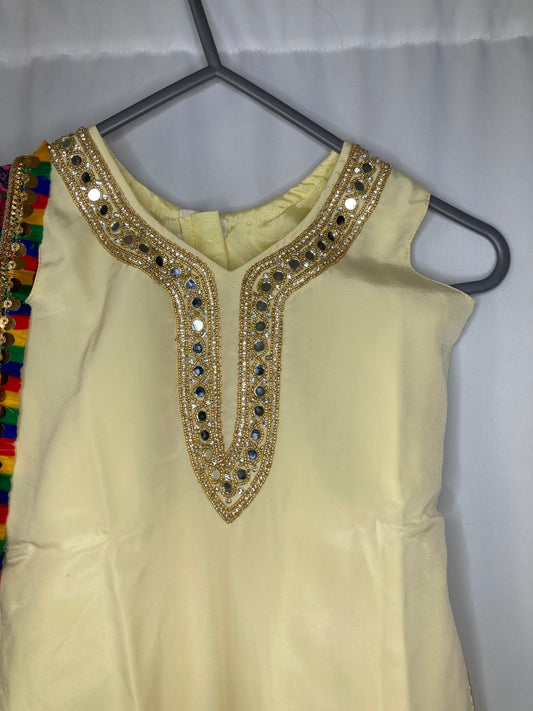 Girls lemon yellow Punjabi Suit – Kids Pakistani Patiala Salwar Kameez with Colourful Dupatta – Eid Outfit 1-2yrs kb018c2