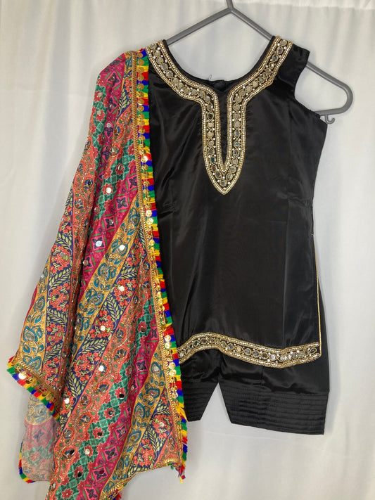 Girls Black Punjabi Suit – Kids Pakistani Patiala Salwar Kameez with Colourful Dupatta – Eid Outfit kbc018c5