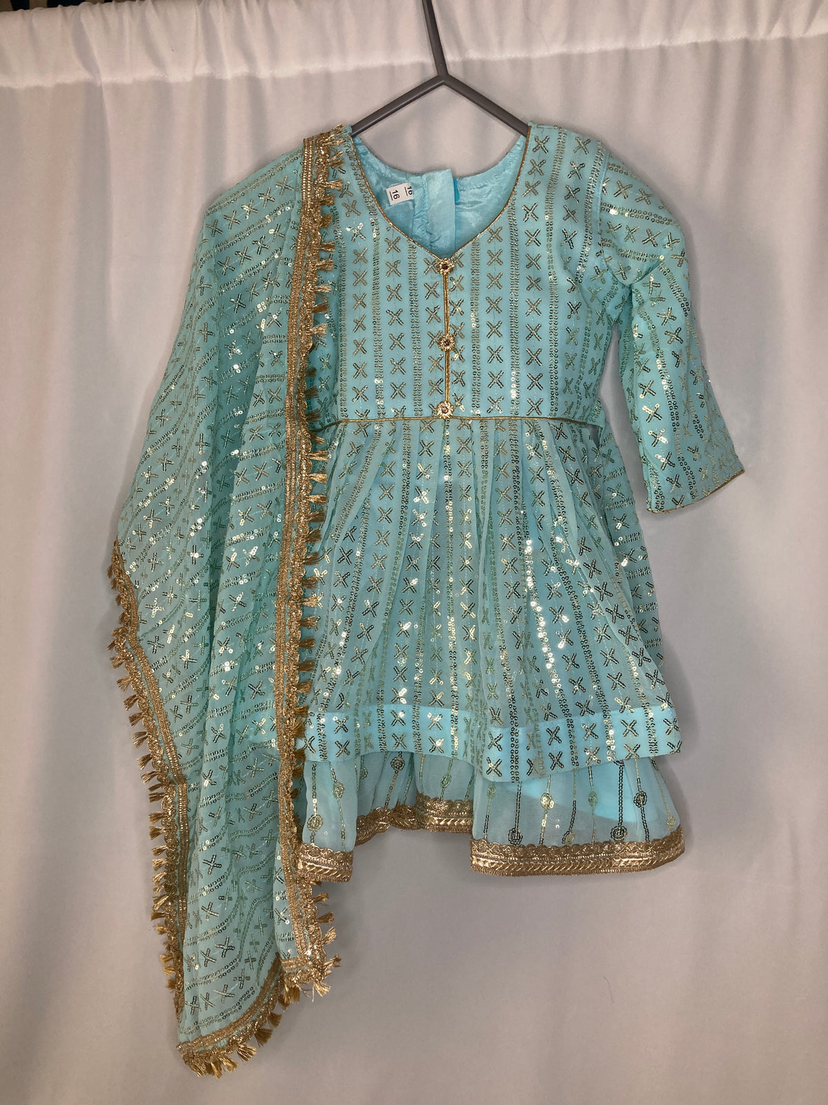 Girls sky blue Gharara Suit – Kids Pakistani Eid Outfit – Traditional Party Wear for Toddlers & Girls KBC013C12