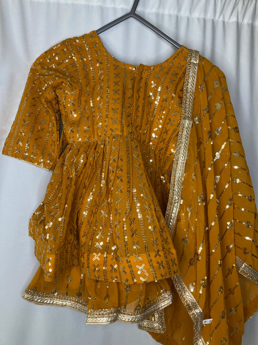 Girls mustard Gharara Suit – Kids Pakistani Eid Outfit – Traditional Party Wear for Toddlers & Girls kb013c2