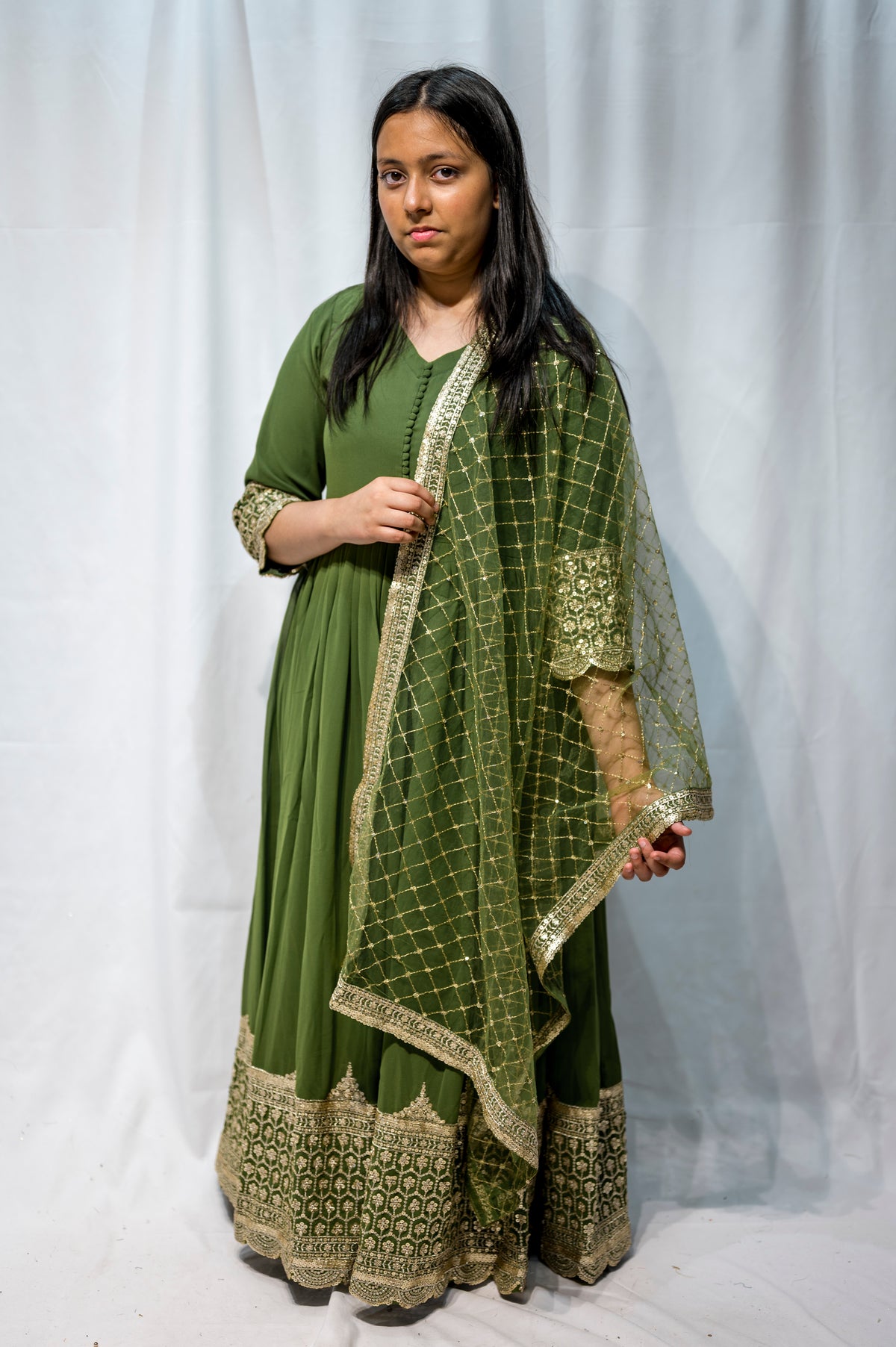 Mehndi Green Anarkali Suit for Women – Embroidered Pakistani Wedding & Eid Outfit DN019C0
