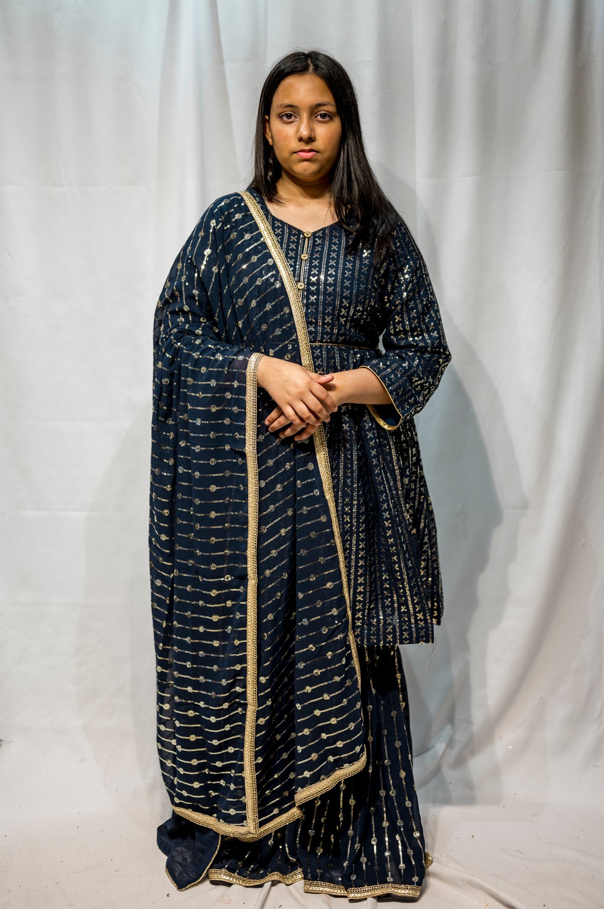 Navy Blue Pakistani Suit for Women – Embroidered Gharara Set – Elegant Eid & Party Wear KBC013C7