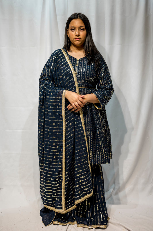 Navy Blue Pakistani Suit for Women – Embroidered Gharara Set – Elegant Eid & Party Wear KBC013C7
