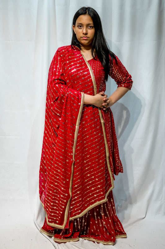 Ruby Red Gharara Suit for Women – Pakistani Mehndi Outfit – Embroidered Party Wear KBC013C8
