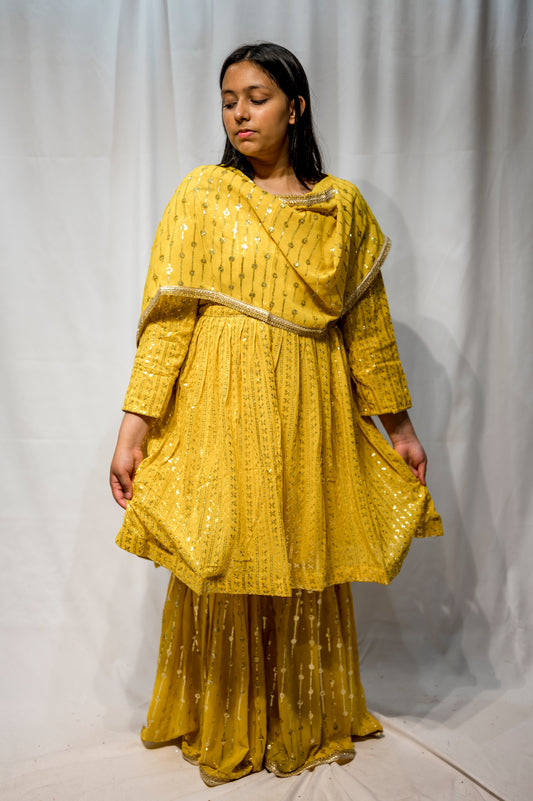 Mustard Yellow Gharara Suit for Women – Pakistani Mehndi Outfit – Embroidered Party WearKBC013C14