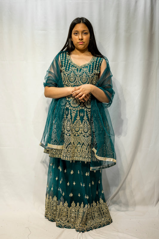 Teal Embroidered Gharara Suit for Women – Pakistani Wedding & Party Wear Outfit KMO014C1