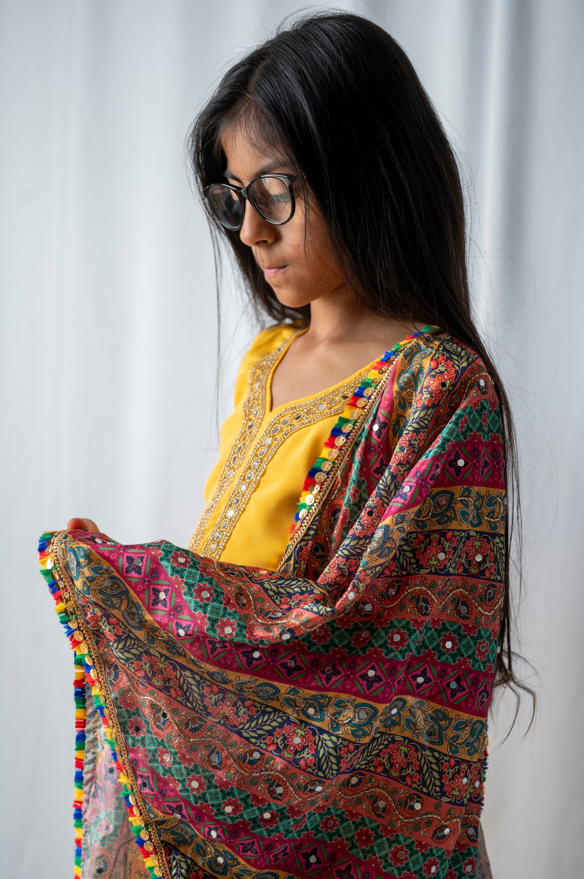 Girls bright yellow Punjabi Suit – Kids Pakistani Patiala Salwar Kameez with Colourful Dupatta – Eid Outfit kbc018c0