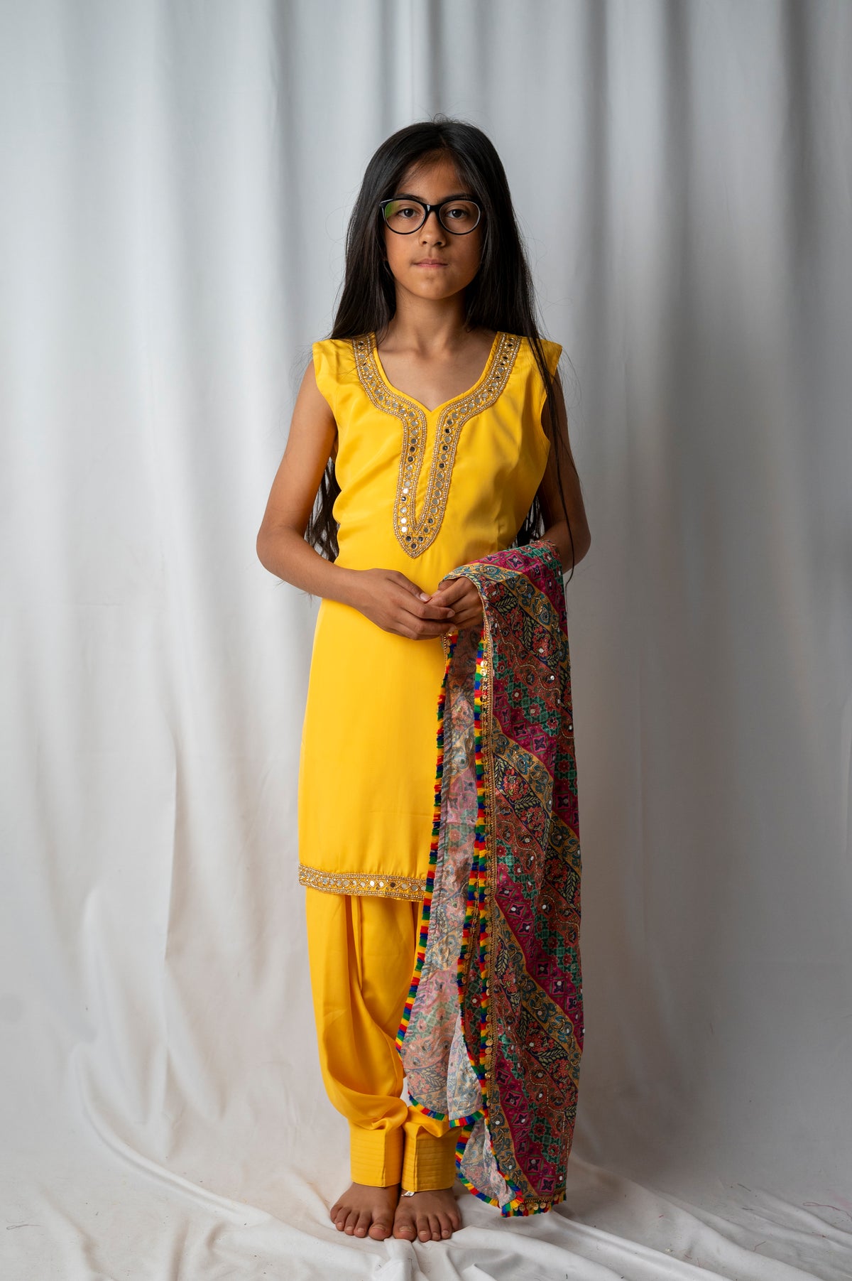 Girls bright yellow Punjabi Suit – Kids Pakistani Patiala Salwar Kameez with Colourful Dupatta – Eid Outfit kbc018c0