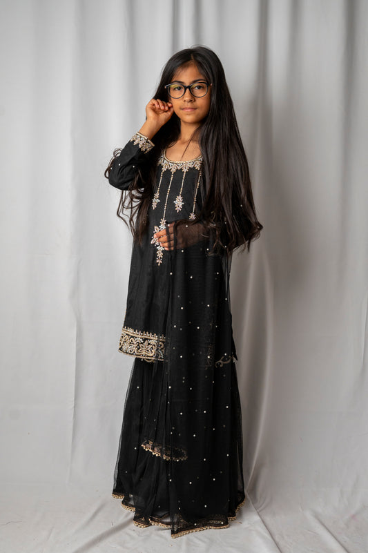 Girls Black Embroidered Sharara Suit – Kids Pakistani Eid & Wedding Party Wear Outfit KME012C9