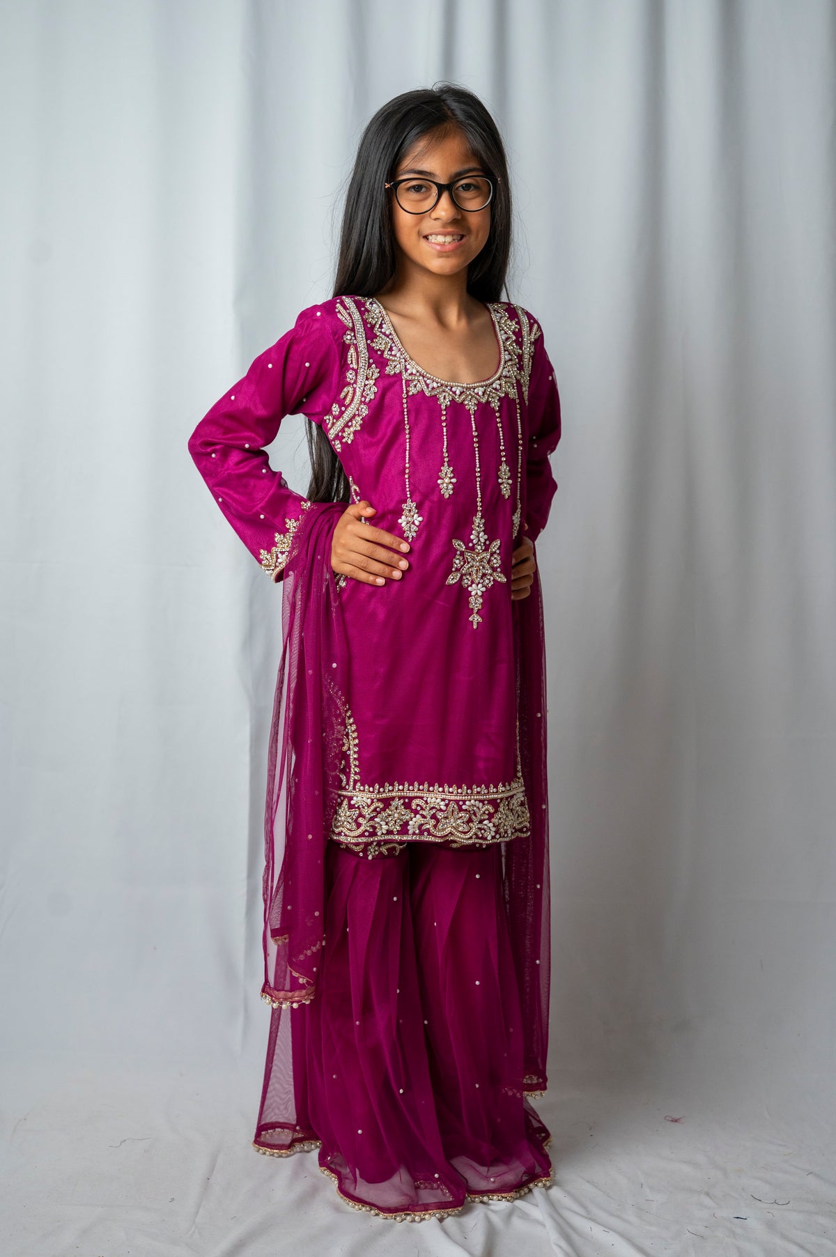 Girls Plum Embroidered Sharara Suit – Kids Pakistani Eid & Wedding Party Wear Outfit KME012C7
