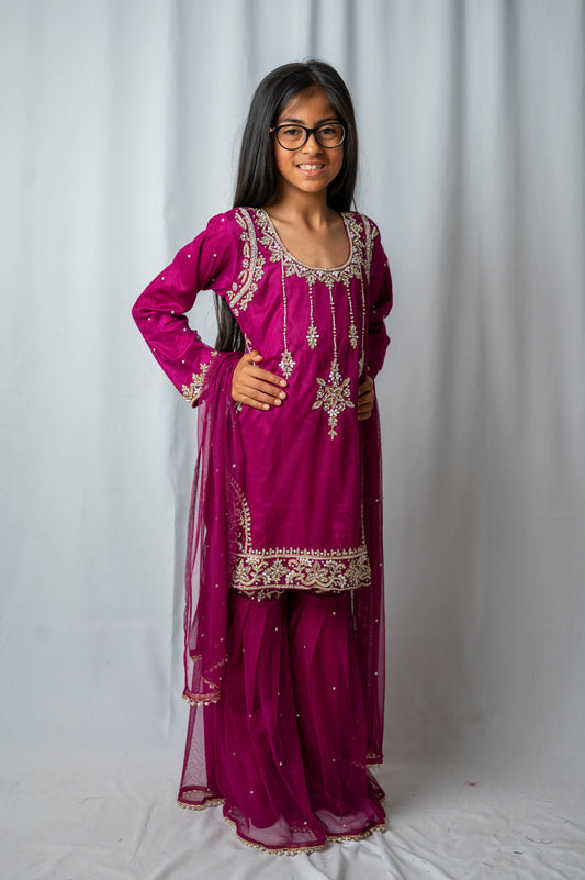 Girls Plum Embroidered Sharara Suit – Kids Pakistani Eid & Wedding Party Wear Outfit KME012C7