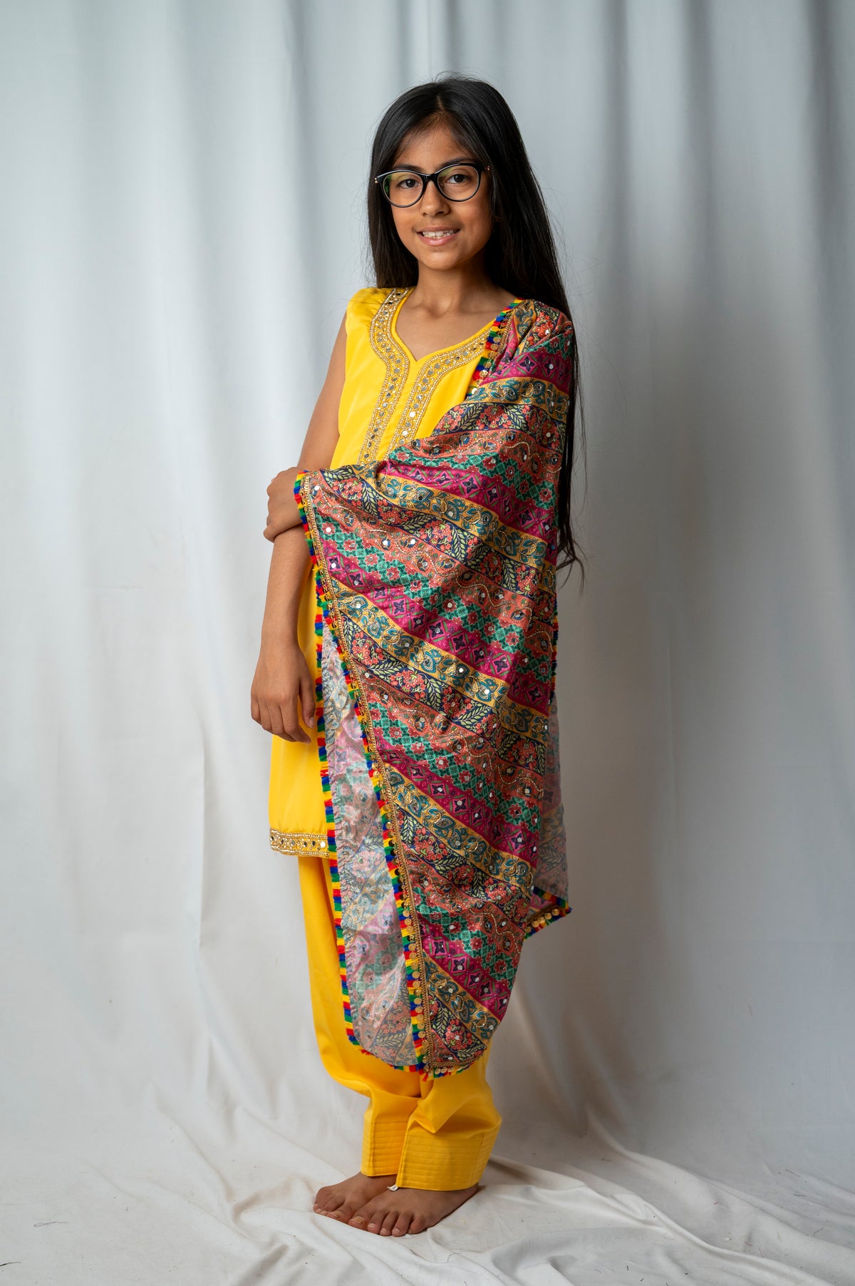 Girls bright yellow Punjabi Suit – Kids Pakistani Patiala Salwar Kameez with Colourful Dupatta – Eid Outfit kbc018c0