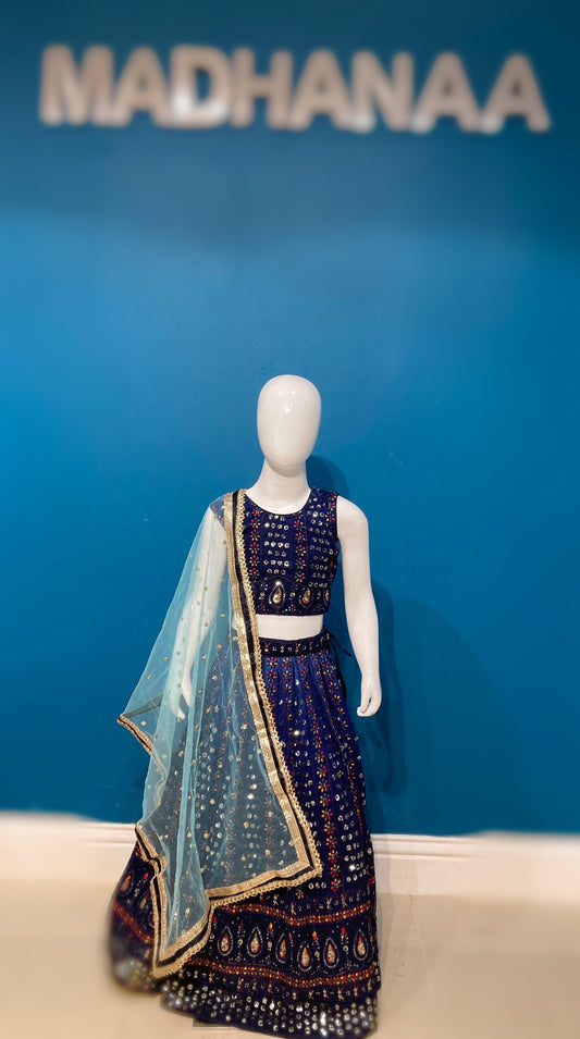 girls Navy blue sequins multicololur Lehenga Choli – Kids Pakistani Wedding & Eid Outfit  KAF015C1