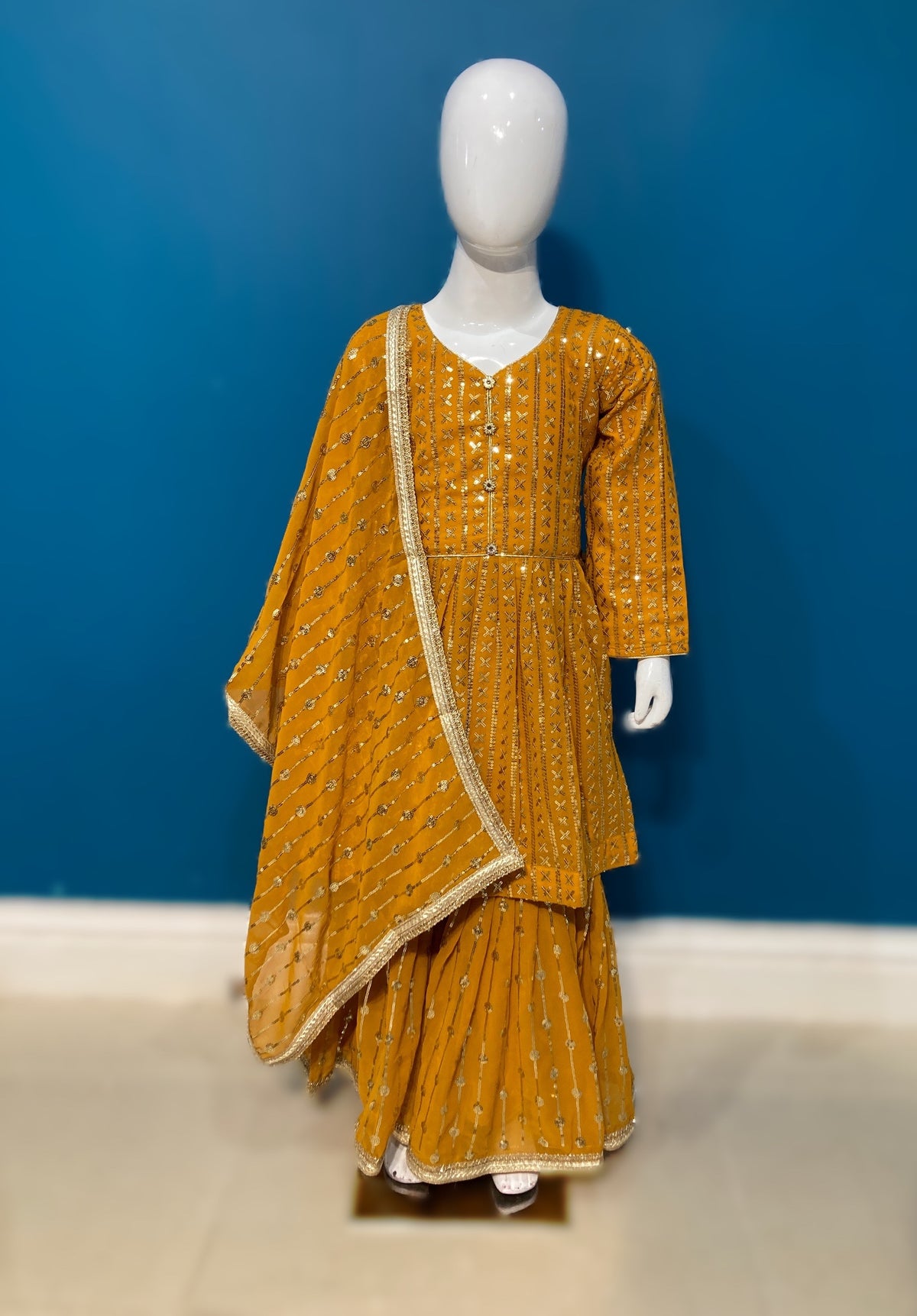 Girls Mustard Yellow Gharara Suit – Kids Pakistani Eid & Wedding Party Wear Outfit KBC013C6
