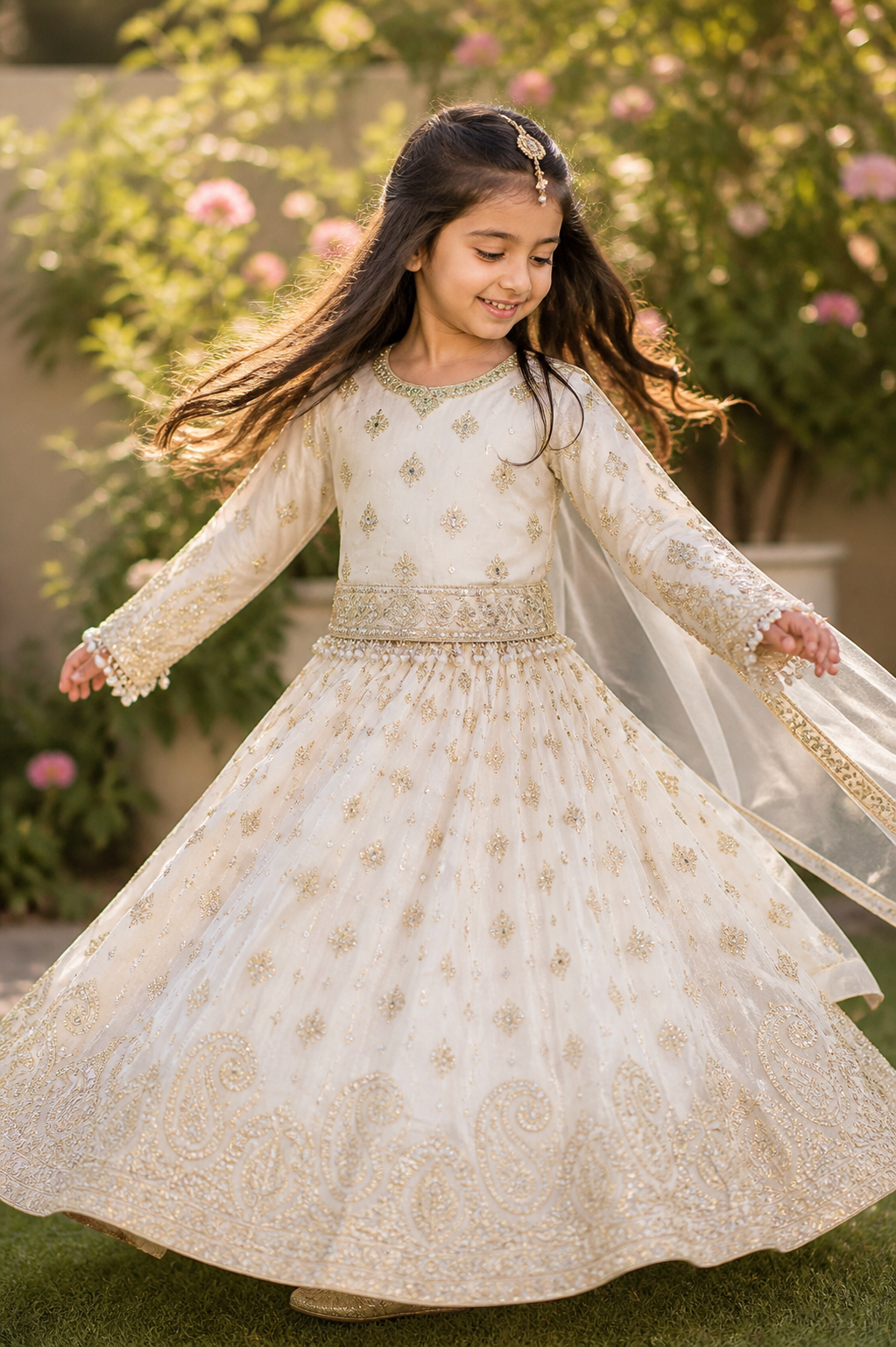 Girls Ivory Embroidered Lehenga Choli – Luxury Kids Pakistani Wedding Outfit – Eid & Party Wear for Girls